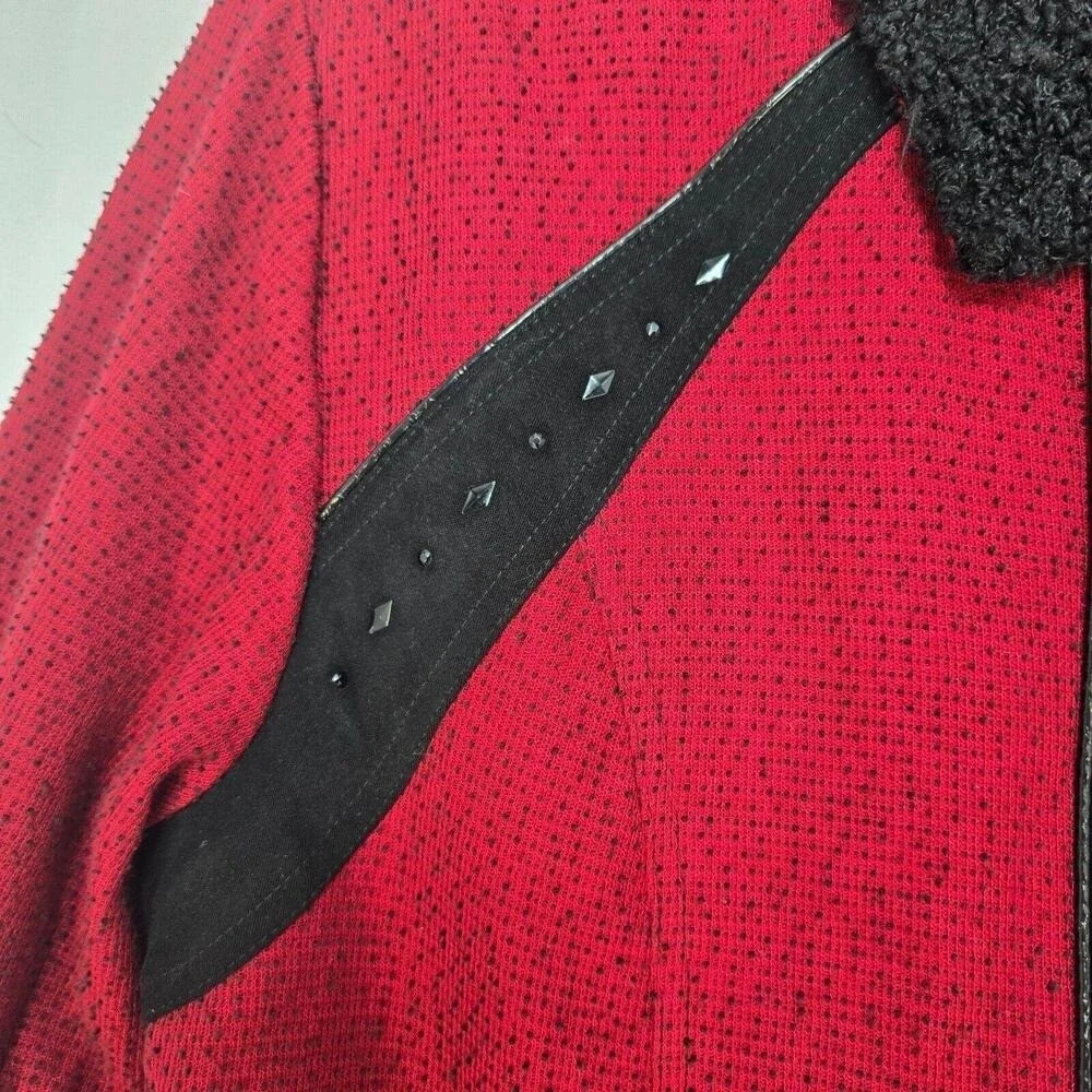 Nancy Bolen Petites City Girl Red Black Studded Skirt Suit Set Faux Fur Trim 90s